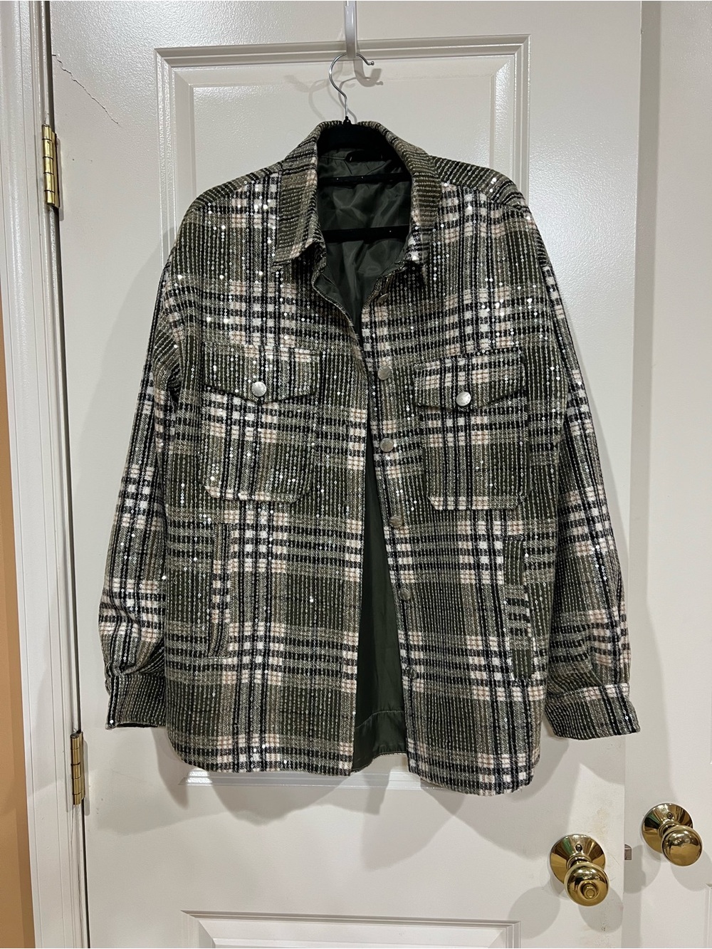 Miss Me Green Plaid Sequin Shacket